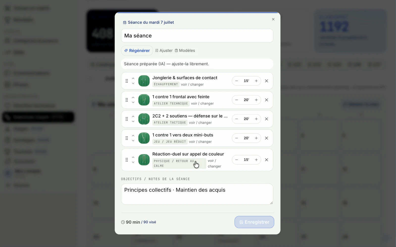 Séance express KlubOn : séance d’entraînement générée — échauffement, ateliers technique et tactique, jeu réduit, retour au calme — à ajuster librement
