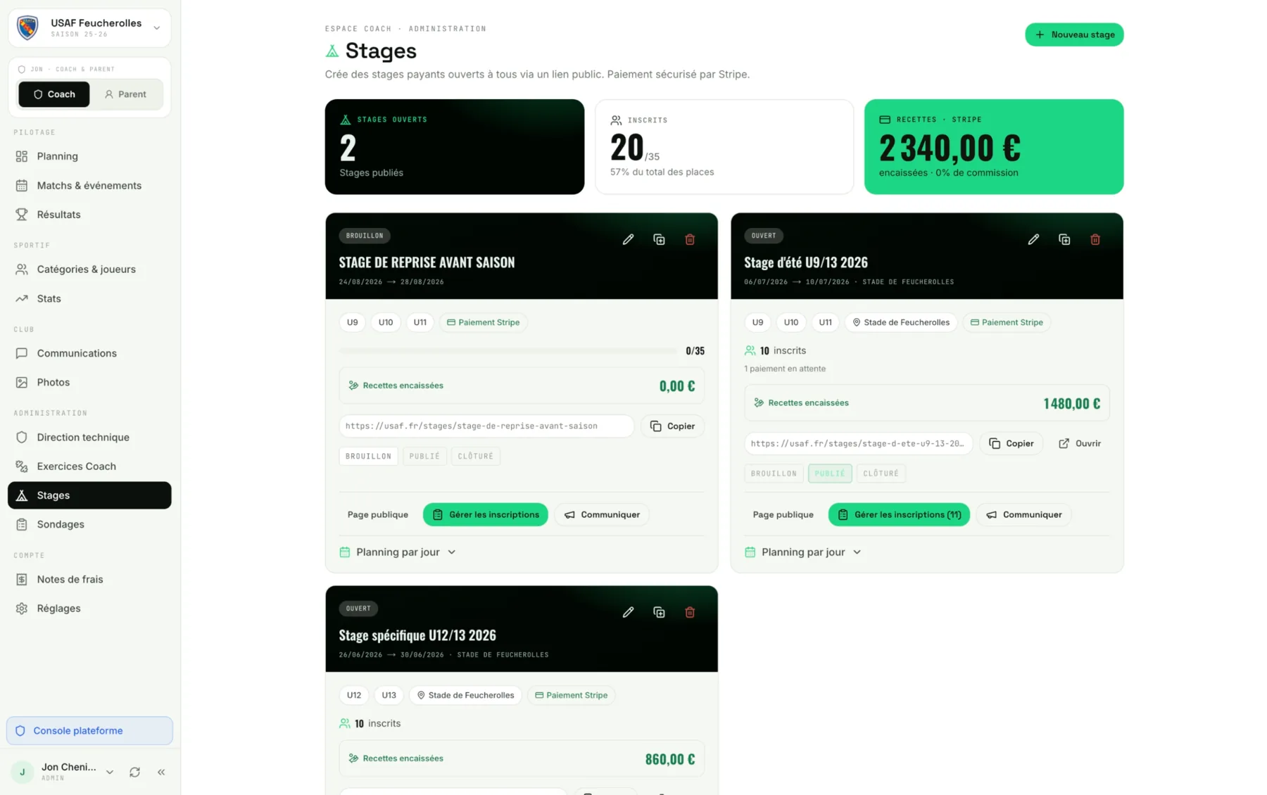 Stages KlubOn : inscriptions et paiements en ligne
