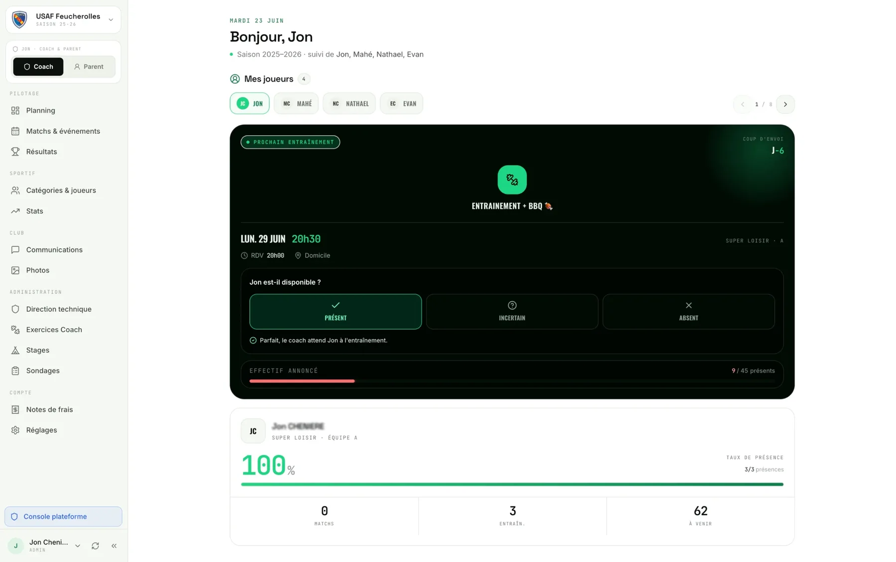 KlubOn — Tableau de bord