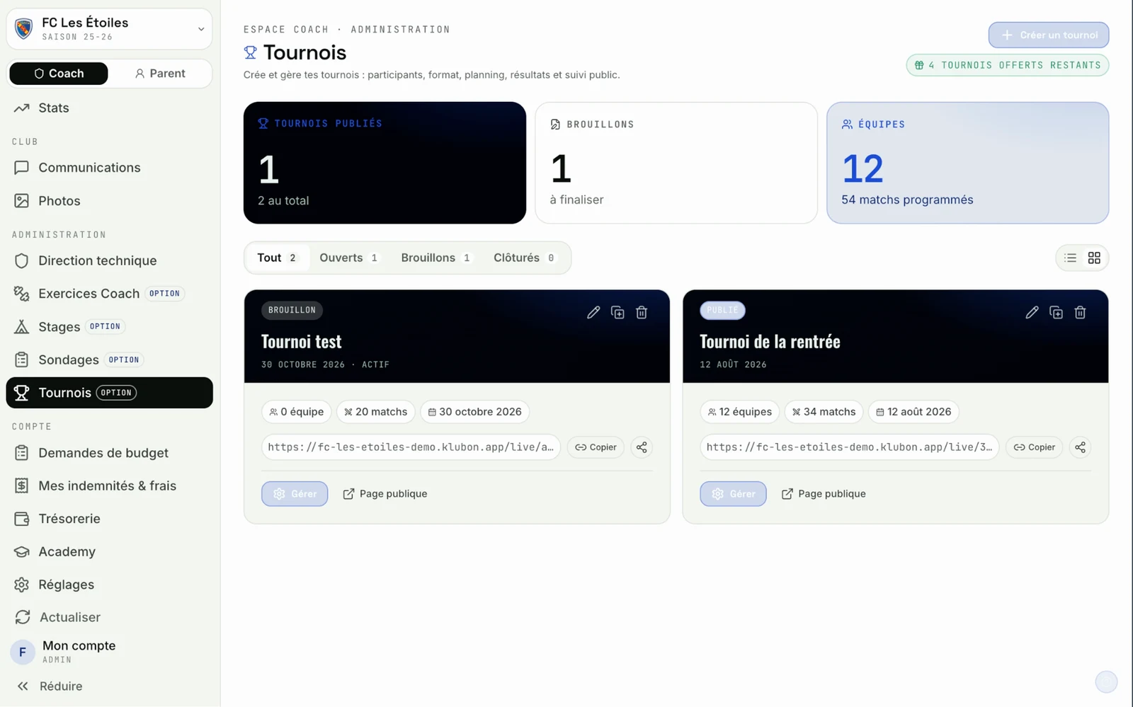 Tournois KlubOn : tournois publiés et matchs programmés