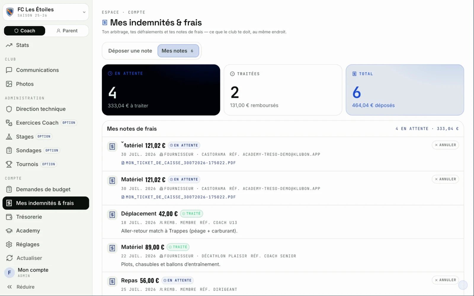 Espace Mes indemnités et frais KlubOn : notes en attente, traitées, total déposé, et liste des notes de frais avec leurs statuts